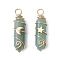 2Pcs 2 Styles Natural Green Aventurine Double Terminated Pointed Pendants, Brass Moon Star Charms with Copper Wire Wrapped, Light Gold, 35.5~36.5x11x11.5~13mm, Hole: 3.5~4mm, 1pc/style