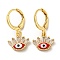 Real 18K Gold Plated Brass Dangle Leverback Earrings, with Enamel and Glass, Evil Eye, FireBrick, 23x11.5mm