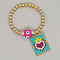 Bohemian Style Glass Seed Beads Charm Bracelets, Brass Round Beads Stretch Bracelets for Women, Rectangle with Heart, with Lampwork Evil Eye Bead, Turquoise