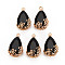 Transparent Glass Pendants, for DIY Jewelry Making, with Brass Findings, Faceted, Teardrop with Flower, Light Gold, Black, 16x9x6mm, Hole: 1.2mm