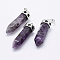 Bullet Brass Gemstone Pointed Pendants, Platinum, Amethyst, 44mm, Hole: 5x8mm