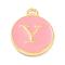 Golden Plated Alloy Enamel Charms, Enamelled Sequins, Flat Round with Alphabet, Letter.Y, Pink, 14x12x2mm, Hole: 1.5mm