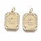 Brass Micro Pave Clear Cubic Zirconia Pendants, Nickel Free, Real 18K Gold Plated, Rounded Rectangle with Word, 19x14x2.5mm, Jump Ring: 5x0.7mm, 3mm inner diameter