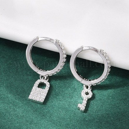 Серьги-кольца lock & key 925 из стерлингового серебра с микропаве из прозрачных кубических цирконий для женщин EJEW-G427-01P-03-1