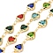 Heart Handmade Brass Glass Link Chains, Real 18K Gold Plated, Soldered, with Spool, Cadmium Free & Lead Free, Mixed Color, 12.5x7.5x2.5mm