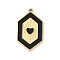 304 Stainless Steel Enamel Pendants, Hexagon with Heart Charms, Real 18K Gold Plated, Ion Plating(IP), Black, 23.5x14x1.5mm, Hole: 1.2mm