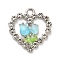 Platinum Alloy Glass Pendants, with Resin, Heart with Flower, Light Sky Blue, 21.5x21x4mm, Hole: 2.3mm