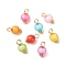Glass Pendant, with Brass Findings, Round, Golden, Mixed Color, 14x8mm, Hole: 2.6mm