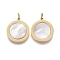 Natural Shell Pendants, with Golden Plated 316 Surgical Stainless Steel Findings and Jump Rings, Flat Round, Seashell Color, 13.5x12x1.5mm, Jump Ring: 4x0.5mm, Inner Diameter: 3mm