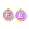 Golden Plated Alloy Enamel Charms, Enamelled Sequins, Flat Round with Letter, Medium Purple, Letter.E, 14x12x2mm, Hole: 1.5mm