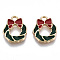Eco-Friendly Alloy Enamel Pendants, Cadmium Free & Lead Free & Nickel Free, for Christmas, Christmas Wreath with Bowknot, Light Gold, Dark Green, 14.5x12x2mm, Hole: 1.8mm