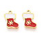 304 Stainless Steel Enamel Charms, Christmas Socking with Snowflake Charm, Ion Plating(IP), Real 14K Gold Plated, FireBrick, 11x7.1x0.9mm, Hole: 1mm