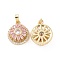 Real 18K Gold Plated Brass Micro Pave Clear Cubic Zirconia Pendants, Cadmium Free & Nickel Free & Lead Free, Flat Round Charms, Pink, 17x14x7mm, Hole: 5x3mm