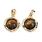 Natural Tiger Eye Flat Round Charms, with Brass Settings, Real 18K Gold Plated, 15x13x5mm, Hole: 4x2.5mm