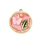 304 Stainless Steel Enamel Pendants, with Resin and ABS Imitation Pearl Finding, Ion Plating(IP), Real 18K Gold Plated, Butterfly, Flat Round, 21.5x19x5mm, Hole: 1.8mm