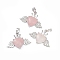 Natural Rose Quartz Pendants, Heart Charms with Wings & Crown, with Platinum Tone Brass Crystal Rhinestone Findings, 26x35.5x8mm, Hole: 8x5mm