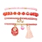 4Pcs 4 Style Evil Eye Valentine's Theme Alloy Enamel & Polycotton(Polyester Cotton) Tassel Charm Bracelets Set, Glass Beaded Stretch Bracelets, Red, Inner Diameter: 2-1/8 inch(5.4cm), 1Pc/style