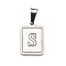 304 Stainless Steel Pave Natural White Shell Pendants, Rectangle with Letter Charms, Stainless Steel Color, Letter S, 17.5x12x1.5mm, Hole: 6x3mm