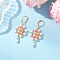 Flower with Cross 304 Stainless Steel Earrings Glass Seeds Leverback Earrings, Golden, Pink, 49x20.5mm