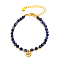 Natural Gemstone Beads Stretch Bracelets, Flat Round with Word Love Charm Bracelets for Women, with Brass Beads, Blue, 6-1/4 inch(16cm)