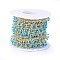Handmade Enamel Beaded Chains, with Brass Curb Chains, Soldered, with Spool, Long-Lasting Plated, Real 18K Gold Plated, Deep Sky Blue, 5.5x1.5~2mm, about 32.8 Feet(10m)/roll