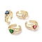 Cubic Zirconia Heart Solitaire Ring, Cuff Rings, Cadmium Free & Lead Free, Real 18K Gold Plated Brass Jewelry for Valentine's Day, Mixed Color, Inner Diameter: 18mm