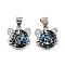 Natural Shell Charms, with Clear Cubic Zirconia and Brass Findings, Long-Lasting Plated, Tiger, Platinum, 13.5x13.5x3mm, Hole: 5x3.5mm