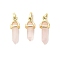 Natural Rose Quartz Double Terminal Pointed Pendant, Faceted Bullet Charms with Brass Findings, Ion Plating(IP), Golden, 21x7x7.5mm, Hole: 3.5x2mm