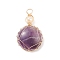 Natural Amethyst Pendants, with Golden Tone Copper Wire Wrapped and Natural Cultured Freshwater Pearl, Oval, 34x21x8mm, Hole: 3.7mm