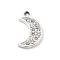 Alloy Rhinestone Pendants, UV Plated, Moon, Platinum, 18x11.5x2mm, Hole: 1.8mm