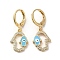 Hamsa Hand with Evil Eye Real 18K Gold Plated Brass Dangle Leverback Earrings, with Enamel & Cubic Zirconia, Sky Blue, 28.5~29x12mm