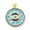 Real 18K Gold Plated Brass Clear Cubic Zirconia Pendants, with Enamel, Cadmium Free & Nickel Free & Lead Free, Flat Round with Evil Eye, Light Sky Blue, 25x22.5x2.5mm, Hole: 5x3.5mm