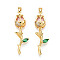 Brass Micro Pave Cubic Zirconia Pendants, Cadmium Free & Lead Free, Flower Charms, Real 18K Gold Plated, Pink, 32~33.5x11x6.5mm, Hole: 5x2.5mm