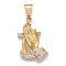 304 Stainless Steel Pendants, with Crystal Rhinestone, Praying Hands with Cross, Golden, 39.5x23.5x5.5mm, Hole: 6.5x11.5mm