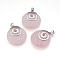 Natural Rose Quartz Pendants, with Platinum Tone Brass Findings, Flat Round, 32x28x6mm, Hole: 4x5mm