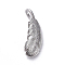 Brass Pendants, Long-Lasting Plated, Feather, Real Platinum Plated, 19x7x2mm, Hole: 2x4mm