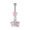 316L Surgical Stainless Steel Pave Cubic Zirconia Star Dice Curved Barbell Dangle Belly Rings, Stainless Steel Color, Pink, 45mm