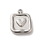 Non-Tarnish 304 Stainless Steel Charms, Square with Heart Charm, Stainless Steel Color, 12.5x10x2.5mm, Hole: 1.2mm