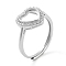 Heart Adjustable 925 Sterling Silver Ring Components, with Cubic Zirconia, Open Bezel Setting, Real Platinum Plated, Tray: 8.5x8mm, US Size 7 1/4(17.5mm)