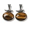 Natural Tiger Eye Pendants, Antique Silver Plated Alloy Oval Charms, 47x42x13mm, Hole: 16x7mm