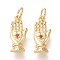 Brass Micro Pave Cubic Zirconia Pendants, with Jump Rings, Long-Lasting Plated, Palm with Heart, Magenta, Golden, 17x7x2.5mm, Hole: 3mm