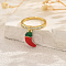 Fruit Pendant Brass Micro Pave Cubic Zirconia Finger Rings for Women, Golden, Hot Pepper, 15x7mm, Inner Diameter: 16mm~19mm