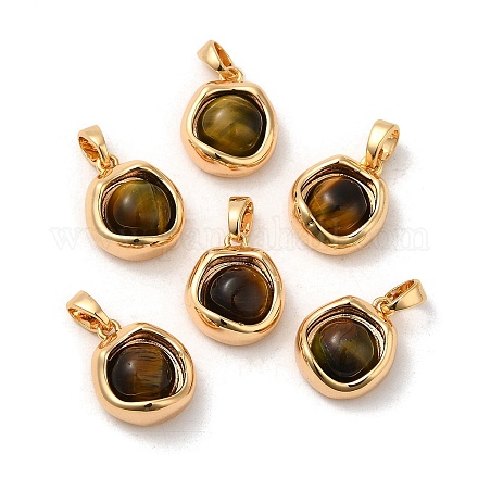 Плоские круглые подвески из латуни с натуральным тигровым глазом KK-M270-39G-01-1