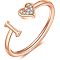 Adjustable Brass Rhinestone Cuff Rings, Letter & Heart, Rose Gold, Letter I, Inner Diameter: 15~20mm