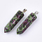 Natural Ruby in Zoisite Point Pendants, with Platinum Tone Brass Findings, Bullet, 35~37x10~11x9~10mm, Hole: 6~7x2.5~4mm