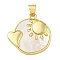 Rack Plating Brass Pave Shell Flat Round Heart Pendants, Real 18K Gold Plated, Lead Free & Cadmium Free, Long-Lasting Plated, Sun, 20.5x20x2mm, Hole: 6x3.5mm