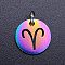 Rainbow Color Ion Plating(IP) 201 Stainless Steel Charms, with Jump Rings, Flat Round with Constellation/Zodiac Sign, Aries, 12x1mm, Jump Ring: 5x0.8mm, Inner Diameter: 3mm