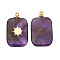 Natural Amethyst Pendants, Rectangle Charms with Golden Tone Stainless Steel Sun Slice, 21.5x13mm, Hole: 1.5mm