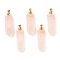 Faceted Natural Rose Quartz Pointed Pendants, Openable Perfume Bottle, with Golden Tone Brass Findings, Bullet, 46~47x13~14x11~12mm, Hole: 4.5mm, capacity: 1ml(0.03 fl. oz)