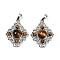 Natural Tiger Eye Pendants, Rhombus Charms with Brass Findings, Rack Plating, Platinum, 35.5x27x7.5mm, Hole: 8.5x4.5mm